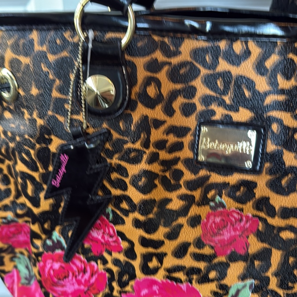Betseyville Betsey 🐆🌺 Johnson black and pink floral leopard oversized tote purse - Picture 4 of 9